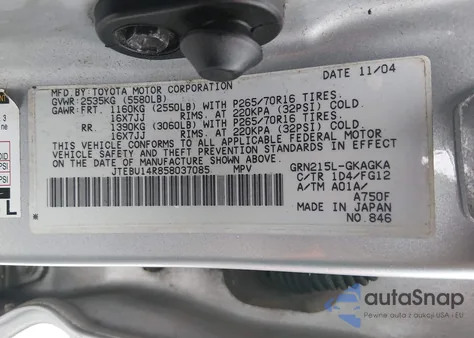 2005 Toyota 4Runner Sr5 V6 from USA, damaged, VIN JTEBU14R858037085